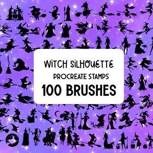 以下が含まれることがあります： 100個の魔女シルエットProcreateスタンプのセット。画像は、ほうきに乗って飛んでいる、釜を持っている、呪文を唱えているなど、さまざまなポーズをとった魔女を映し出しています。背景は、紫と白の銀河模様です。
