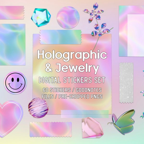 Holographic & Jewelry Digital Stickers Set - Sticky notes, washi tapes, Goodnotes file, individual PNG