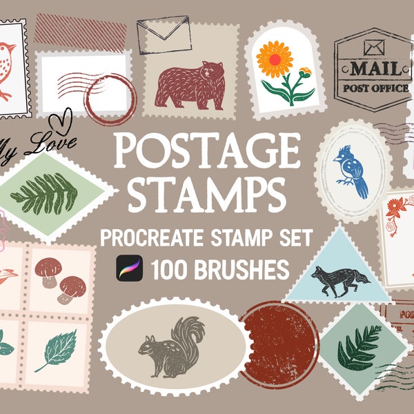 Postage stamps Procreate Stamp brush Set, mails, letter, post