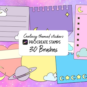 May include: A set of galaxy-themed stickers and Procreate stamps, with 30 brushes. The design incorporates speech bubbles, hearts, and notepads, decorated with moons, stars, and clouds. The colour scheme features pastel shades of purple, pink, yellow, and blue.