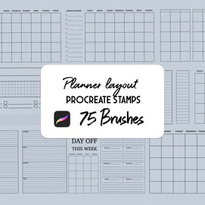 Puede incluir: Un conjunto de plantillas de diseño de planificador para Procreate, que incluye 75 pinceles y un sello "Día libre esta semana". Las plantillas incluyen varios diseños para la planificación diaria, semanal y mensual.