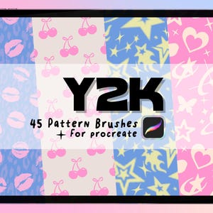 May include: A digital tablet screen displaying a collection of 45 pattern brushes for Procreate. The background features vertical panels with pink lips on blue, pink cherries on white, yellow stars on blue, and white hearts and stars on pink.
