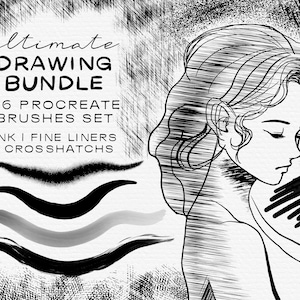 May include: A black and white illustration of a woman's face with a set of 46 Procreate brushes for ink, fine liners, and crosshatching. The text "ultimate drawing bundle" is at the top of the image.