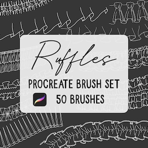 Könnte beinhalten: Ein Set mit 50 Procreate-Pinseln zum Erstellen verschiedener Arten von Rüschen. Die Pinsel sind so konzipiert, dass sie realistisch aussehende Rüschen in verschiedenen Größen und Stilen erzeugen.