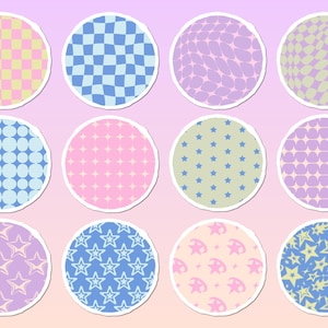 May include: A set of twelve circular stickers featuring various patterns including checkered squares, wavy grids, polka dots, small stars, and larger star motifs in pastel color palettes of pink, blue, yellow, purple, and light green.