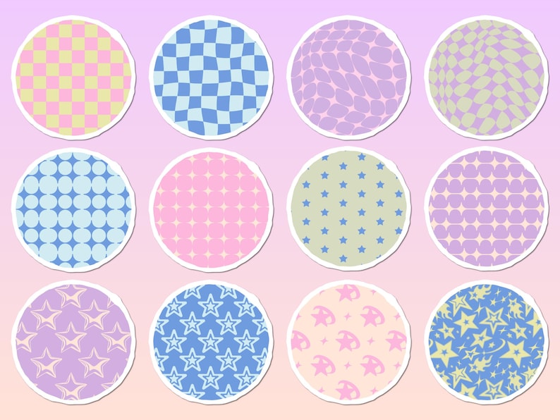 May include: A set of twelve circular stickers featuring various patterns including checkered squares, wavy grids, polka dots, small stars, and larger star motifs in pastel color palettes of pink, blue, yellow, purple, and light green.