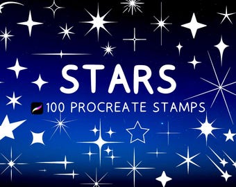 Puede incluir: Una ilustración digital de 100 sellos de estrellas blancas para Procreate. Las estrellas son de varios tamaños y formas, incluyendo estrellas fugaces, estrellas brillantes y contornos de estrellas simples. El texto "STARS 100 PROCREATE STAMPS" se muestra en blanco sobre un fondo azul.