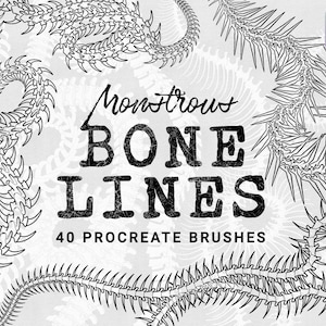 Pode incluir: Ilustração digital em preto e branco com estruturas ósseas estilizadas dispostas em padrões circulares e lineares. O texto "Monstrous BONE LINES" e "40 PROCREATE BRUSHES" é exibido. Um ícone do aplicativo Procreate está presente.