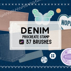 Peut inclure: Une illustration numérique de tissu en jean avec divers patchs, dont un patch en forme de cœur avec le mot "NOPE" dessus, un patch papillon et une poche. Le texte "DENIM PROCREATE STAMP 37 BRUSHES" est également inclus dans l'image.