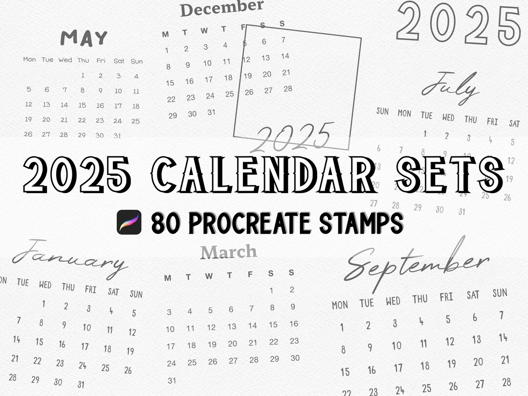 2025 Monthly Calendar Creator Procreate Stamp Brush Set, Monday