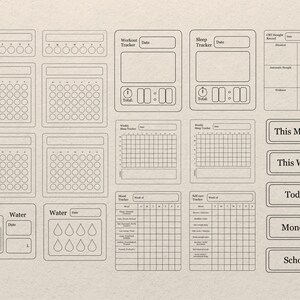 May include: A printable set of black and white habit trackers for a bullet journal. The trackers include a monthly tracker, a weekly tracker, a sleep tracker, a workout tracker, a water tracker, a mood tracker, and a self-care tracker. The trackers are designed to help you track your progress and stay motivated.