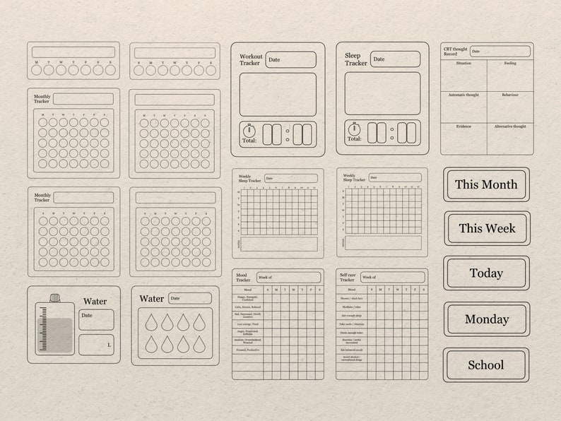May include: A printable set of black and white habit trackers for a bullet journal. The trackers include a monthly tracker, a weekly tracker, a sleep tracker, a workout tracker, a water tracker, a mood tracker, and a self-care tracker. The trackers are designed to help you track your progress and stay motivated.