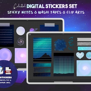 May include: A digital sticker set with a celestial theme. The set includes 25 stickers, sticky notes, washi tapes, and clip art. The stickers feature a variety of celestial designs, including stars, planets, galaxies, and nebulae. The colours are mostly blue, purple, and white.