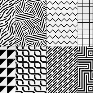 May include: A set of eight black and white geometric patterns. The patterns include wavy lines, stripes, zigzags, grids, triangles, curved lines, diagonal lines, and a maze.
