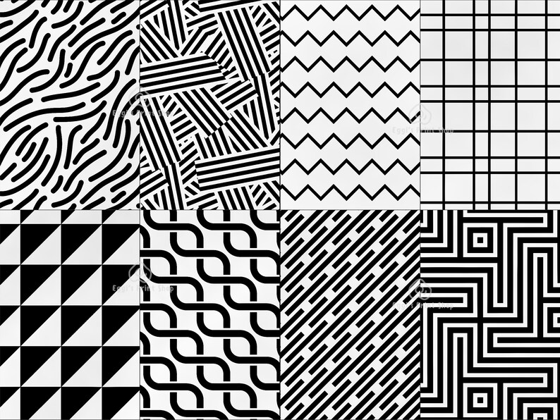 May include: A set of eight black and white geometric patterns. The patterns include wavy lines, stripes, zigzags, grids, triangles, curved lines, diagonal lines, and a maze.