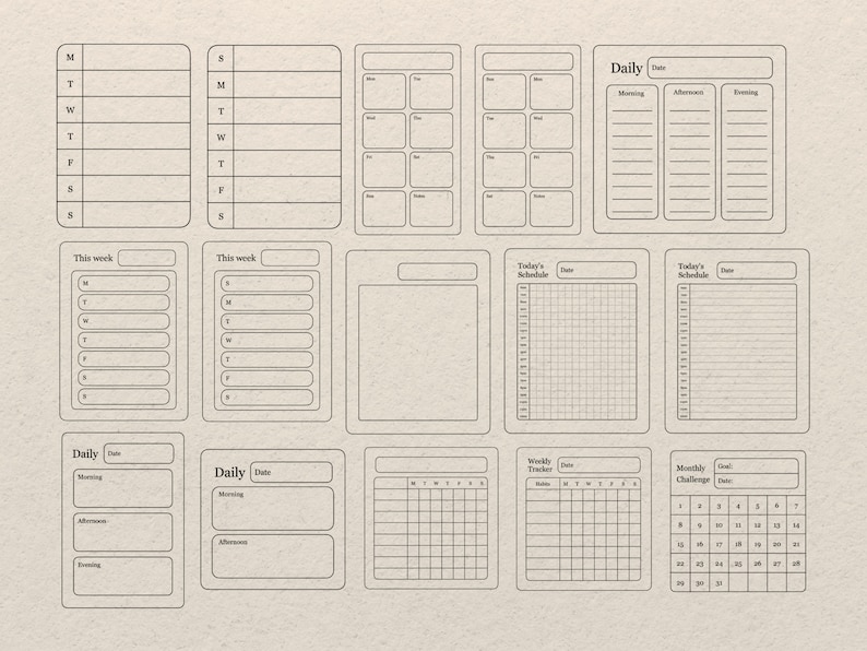 May include: A printable planner page with a variety of layouts for daily, weekly, and monthly planning. The page includes sections for daily tasks, schedules, and a monthly calendar.