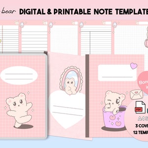 Niedlicher Bär Digitale Notizen Vorlage - A4 Größe, druckbar, Bonus Aufkleber enthalten!