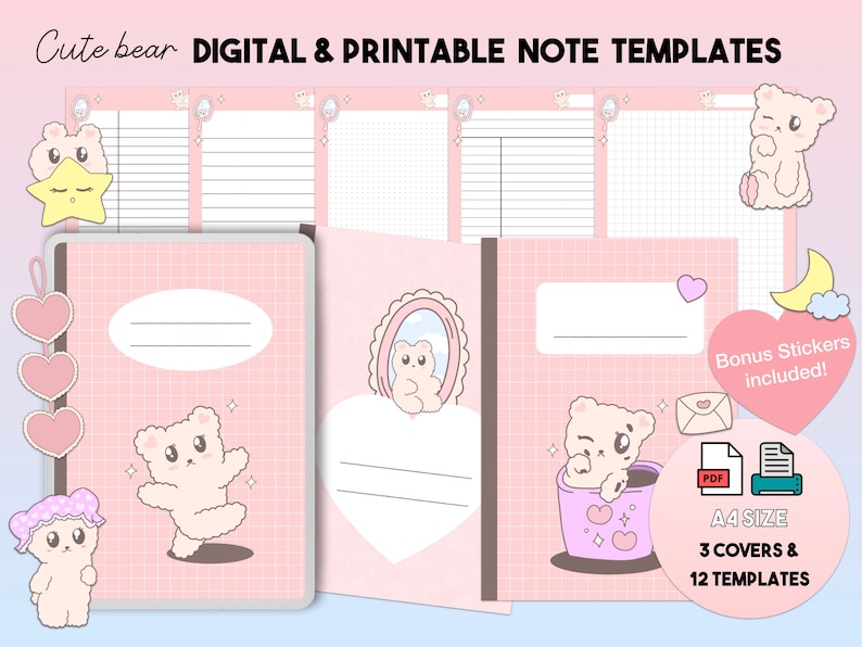 Cute Bear Digital Notes Template - A4 Size, Printable, Bonus Stickers ...