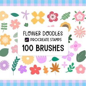 Pode incluir: Um conjunto de 100 carimbos Procreate de rabiscos de flores. A imagem mostra uma variedade de flores coloridas, folhas e outros elementos florais. O texto "FLOWER DOODLES" e "100 BRUSHES" é exibido em um fundo branco.