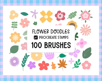May include: A set of 100 flower doodle Procreate stamps. The image shows a variety of colorful flowers, leaves, and other floral elements. The text "FLOWER DOODLES" and "100 BRUSHES" is displayed on a white background.