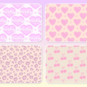 May include: Four rectangular digital patterns featuring pink and white designs. One shows hearts with the word baby, another has pink hearts with stars, the third displays purple heart-shaped leopard spots, and the fourth features pink cherries.
