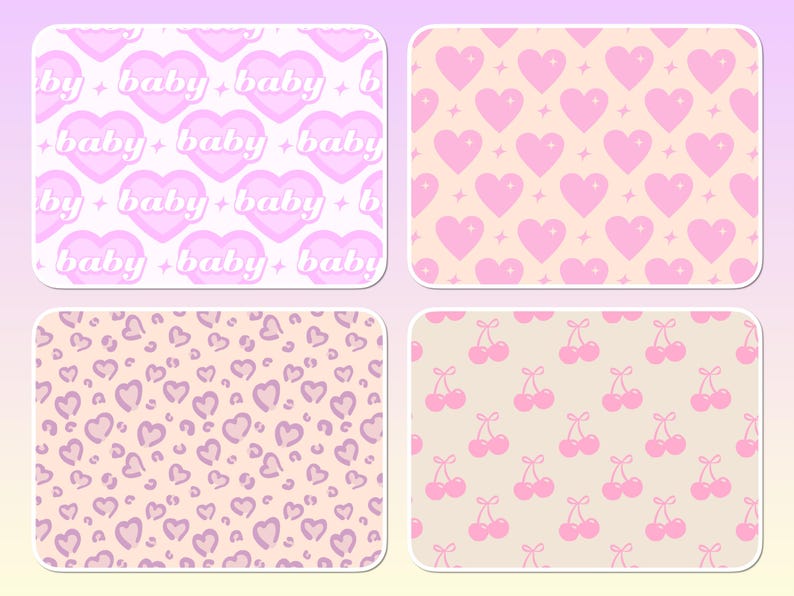 May include: Four rectangular digital patterns featuring pink and white designs. One shows hearts with the word baby, another has pink hearts with stars, the third displays purple heart-shaped leopard spots, and the fourth features pink cherries.