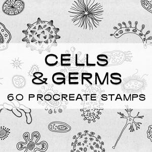 May include: Black and white illustration of various cells and germs. The image includes the text "CELLS & GERMS" and "60 PROCREATE STAMPS". The background is a light gray color with a textured appearance. The cells and germs are drawn in a detailed, scientific style.