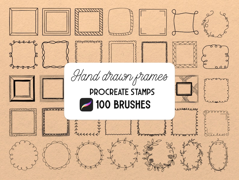 100 Hand drawn frames Procreate Stamp brush Set image 1