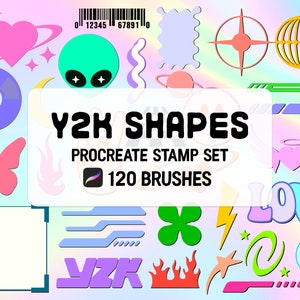 Può includere: Un set di 120 timbri Procreate con forme Y2K, tra cui cuori, stelle, fiamme, frecce e altro ancora. I timbri sono di vari colori, tra cui rosa, blu, verde e giallo. Il testo "Y2K SHAPES" e "PROCREATE STAMP SET 120 BRUSHES" è visualizzato sull'immagine.