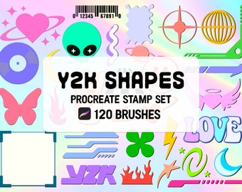 May include: A set of 120 Procreate stamps featuring Y2K shapes, including hearts, stars, flames, arrows, and more. The stamps are in a variety of colors, including pink, blue, green, and yellow. The text "Y2K SHAPES" and "PROCREATE STAMP SET 120 BRUSHES" is displayed on the image.