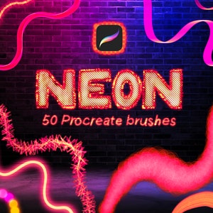 May include: A set of 50 neon Procreate brushes. The image shows a brick wall background with neon pink, orange, and yellow glowing lines and shapes. The text "NEON" is in large, bold, red letters with a glowing effect. The text "50 Procreate brushes" is below the word "NEON".