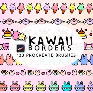 Può includere: Una collezione digitale di 120 pennelli Procreate con motivi di bordo ripetitivi di coni gelato colorati, pianeti con facce di coniglio, budini con ciliegie, fiocchi rosa, sagome di coniglio e macaron con orecchie di coniglio su sfondo sfumato.