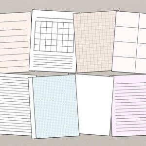 May include: A set of printable planner pages with different patterns and layouts. The pages include lined paper, grid paper, dot grid paper, and a calendar layout. The pages are all in black and white.