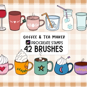 May include: A set of 42 Procreate stamps and brushes for creating coffee and tea illustrations. The set includes various mugs, cups, and glasses with different designs and toppings, such as whipped cream, marshmallows, and tea bags.