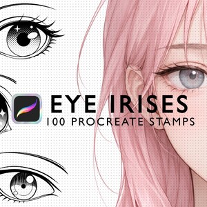 May include: Digital artwork showcasing three black and white eye illustrations, with a Procreate app icon. The text "EYE IRISES 100 PROCREATE STAMPS" is visible. A portrait of a person with pink hair and a grey eye is on the right.