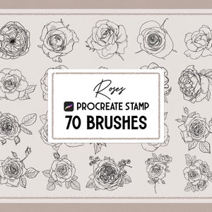 Pode incluir: Um conjunto de 70 pincéis Procreate com ilustrações de rosas em linha. Os pincéis são projetados para uso com o aplicativo Procreate no iPad.