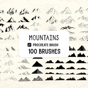 Könnte beinhalten: Ein Satz von 100 Procreate-Pinseln zum Erstellen von Bergillustrationen. Die Pinsel sind so konzipiert, dass sie eine Vielzahl von Bergformen erzeugen, von einfachen Umrissen bis hin zu detaillierten Landschaften. Die Pinsel sind schwarzweiß und perfekt zum Erstellen digitaler Kunst.