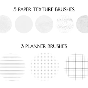 Pu&ograve; includere: Un set di 8 texture di pennello digitali da utilizzare nell'arte e nel design digitali. Il set include 5 pennelli con texture di carta e 3 pennelli per pianificatori. I pennelli con texture di carta sono bianchi e hanno una variet&agrave; di texture, tra cui granulosa, liscia e testurizzata. I pennelli per pianificatori sono bianco e nero e includono un motivo a griglia, punti e linee.