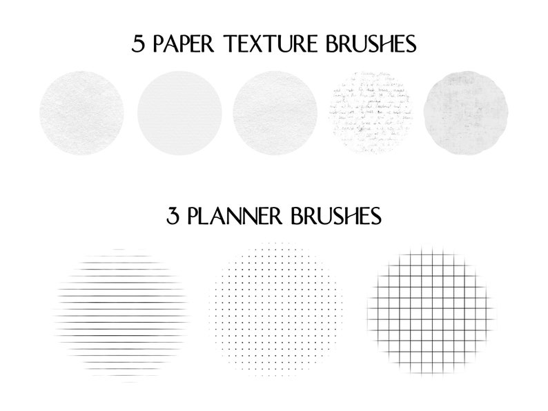 Pu&ograve; includere: Un set di 8 texture di pennello digitali da utilizzare nell'arte e nel design digitali. Il set include 5 pennelli con texture di carta e 3 pennelli per pianificatori. I pennelli con texture di carta sono bianchi e hanno una variet&agrave; di texture, tra cui granulosa, liscia e testurizzata. I pennelli per pianificatori sono bianco e nero e includono un motivo a griglia, punti e linee.
