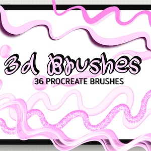 May include: A digital illustration of a tablet screen displaying pink 3D brush strokes. The text "3d Brushes" and "36 Procreate Brushes" is displayed on the screen.