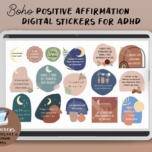 Boho ADHD Positive Affirmation Digital Stickers - Goodnotes File, Pre-cropped PNG