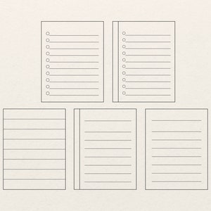 May include: Five blank lined paper sheets, two with circles on the left side, for writing notes or lists.