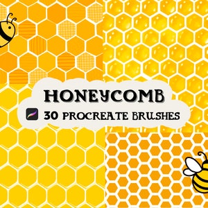 May include: A set of 30 Procreate brushes featuring different honeycomb patterns. The patterns include a cartoon bee, a realistic honeycomb, and a honeycomb with a textured background. The text "HONEYCOMB 30 PROCREATE BRUSHES" is displayed in the center of the image.