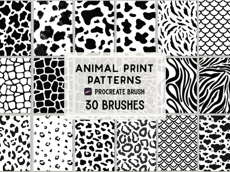 May include: A set of 30 black and white animal print patterns for Procreate. The patterns include cow, giraffe, leopard, zebra, snake, and fish scales.
