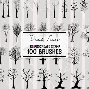 May include: A set of 100 Procreate stamp brushes featuring black silhouettes of dead trees. The text "Dead Trees" and "100 Brushes" is displayed on a white background.