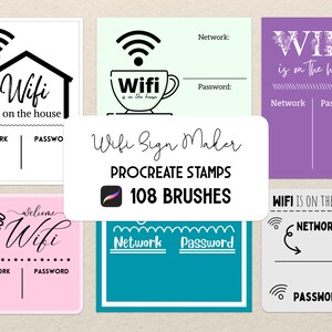 May include: A set of digital stamps and brushes for Procreate, designed to create custom WiFi signs. The stamps include various WiFi symbols, text, and design elements. The brushes are for creating custom designs and lettering. The image shows examples of the stamps and brushes in use.