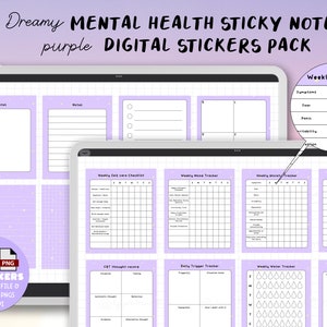 May include: A digital sticker pack for Goodnotes featuring 18 purple mental health trackers. The stickers include a weekly anxiety tracker, weekly mood tracker, weekly habit tracker, weekly self-care checklist, daily trigger tracker, weekly water tracker, and daily gratitude journal.