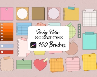 May include: A set of 100 Procreate stamps featuring various sticky note designs. The stamps include different colors, shapes, and patterns, such as hearts, circles, and grid paper. The text "Sticky Notes Procreate Stamps 100 Brushes" is displayed in the center of the image.
