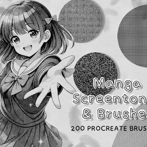 May include: Monochrome manga-style artwork of a smiling anime character in a school uniform, extending a hand. The image includes three textured circles and the text "Manga Screentones & Brushes" and "200 Procreate Brushes".