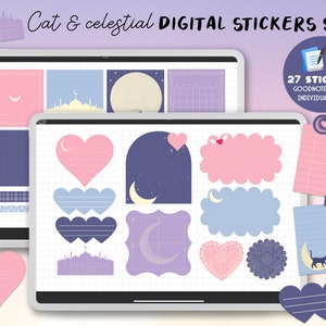May include: A digital sticker set featuring 27 cat and celestial themed stickers. The stickers are in a variety of shapes and sizes, including hearts, clouds, and crescent moons. The stickers are perfect for adding a touch of whimsy to your planner, journal, or digital notes.